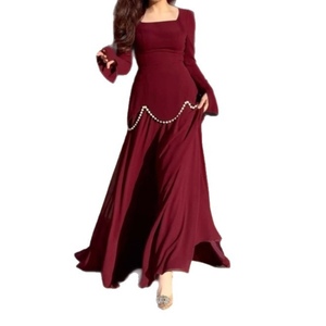 เดรสยาวแฟชั่นผู้หญิงคอเหลี่ยมแขนยาวประดับมุกหรูหราแบบต่อผ้า - Product Image 2