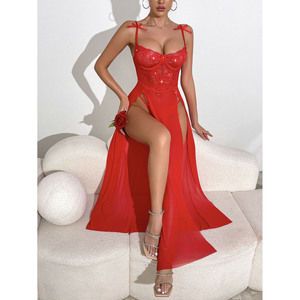 2 pezzi Sexy Set Lingerie 3XL abito in maglia di pizzo romantico apertura frontale 3D floreale reggiseno di perle abbinato perizoma all'ingrosso fornitore OEM - Product Image 1