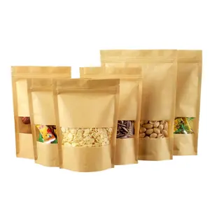 立起拉链牛皮棕色纸可重复密封的可热密封食品储存Doypack包装袋，带透明窗口