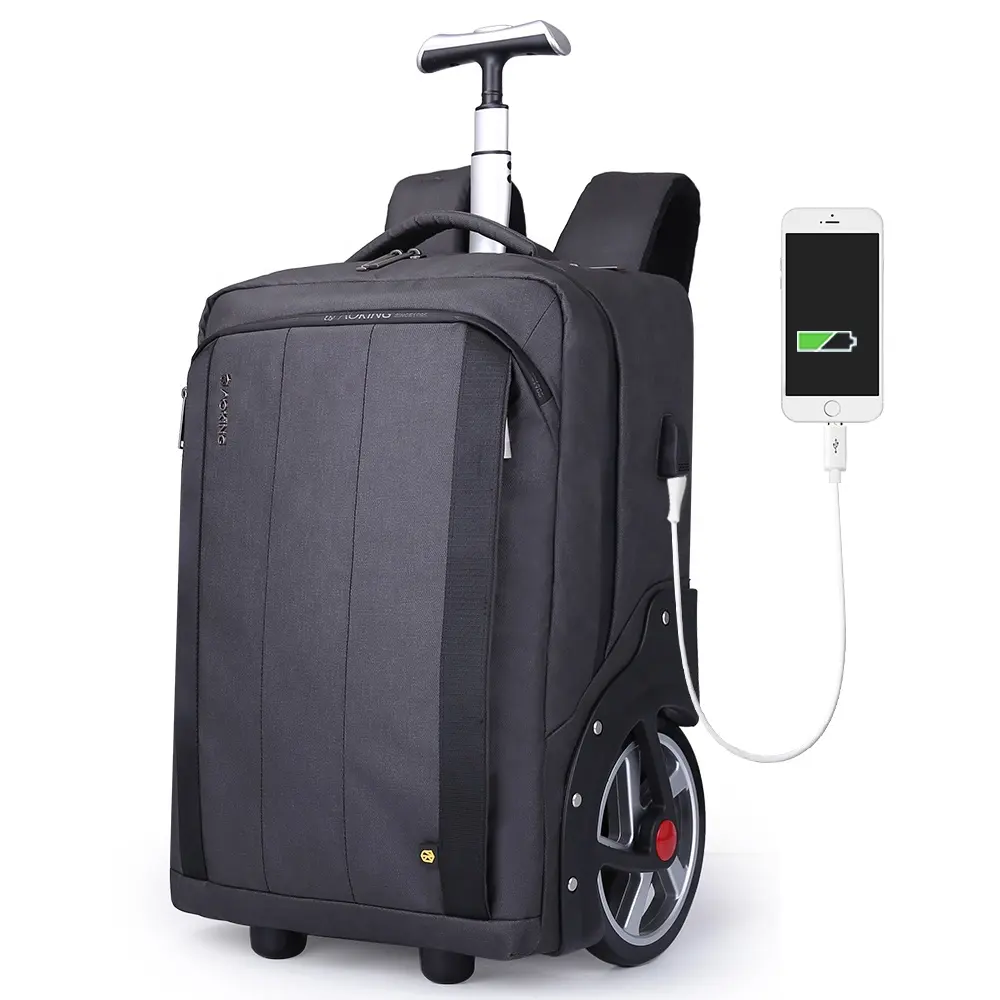 Aoking 50L usb men business travel wheeled backpack trolley wheel rolling backpack luggage with stainless steel tie rod