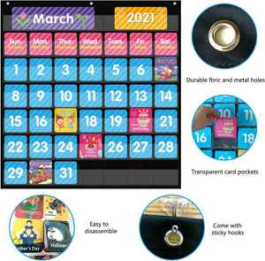 Large 44 Pockets <b>Calendar</b> & Weather Pocket Chart Black, 25"x24" with 85 Cards, for Classroom Home & School Learning - Product Image 4
