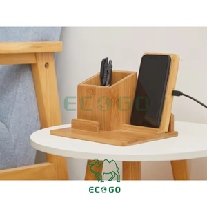 Bamboo Pen Holder with <b>Phone</b> <b>Wireless</b> Charger Wooden Bamboo Desk Organizer Wood <b>Wireless</b> Charging Station - Product Image 3