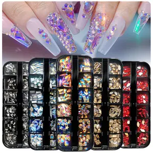 Conjunto de 12 compartimentos embalados, reto plano em forma de vidro colorido strass arte joias de unhas