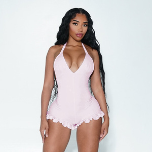 BR6728 Combinaison d'été pour <span class=keywords><strong>femme</strong></span> à imprimé pois polaires, col licou, dos nu et dentelle - Product Image 3