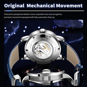 Reloj Mecánico Automático de Fase Lunar para Hombre, de Acero Inoxidable, con Correa de Cuero Azul, de Lujo, con Cristal y Agujas, Resistente al Agua 3BAR, 9923 - Product Image 5