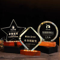 Trophée en verre cristal personnalisé avec base en bois et éclairage LED, trophée de récompense en verre cristal
