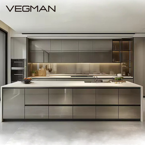 Set di Mobili da <span class=keywords><strong>Cucina</strong></span> Moderni su Misura <span class=keywords><strong>con</strong></span> <span class=keywords><strong>Isola</strong></span> e Lavello, Armadietti Completi in PVC e Melamina, Cucine Contemporanee Popolari - Product Image 1