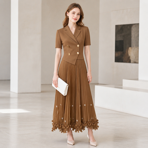 Vestido de Mujer de Buena Calidad, Estilo Blazer de Manga Corta, Doble Botonadura, con Volantes en el Bajo, Vestido Plisado Miyake para Verano - Product Image 4