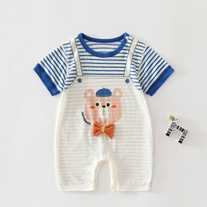 Ropa de verano unisex transpirable con estampado de oso a rayas y manga corta para bebé - Product Image 1