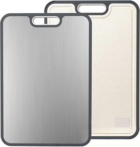 Planche à découper double face en acier inoxydable antibactérienne et anti-moisissure pour la cuisine domestique, avec support adhésif en paille de blé pour fruits - Product Image 1