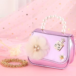 Bolso de mano mini de cuero morado brillante a la moda, estilo princesa, diseño de perlas y flores hechas a mano, lindo - Product Image 1