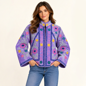 Blouson Bomber Femme en Velours Tricoté Respirant Brodé Main Personnalisé Motif Floral Suzani Col Montant Boutique - Product Image 1