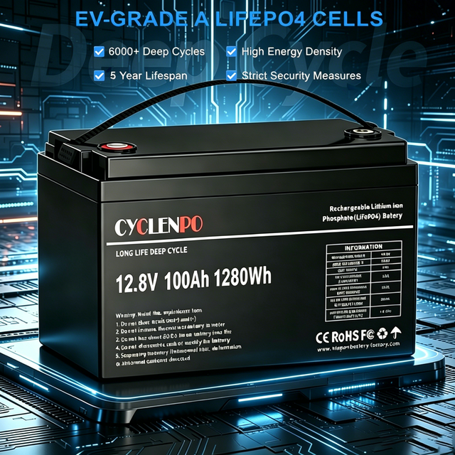 12V 100Ah Deep Cycle Lithium Battery LiFePO4 6000 Cycles for Solar Golf Cart Off-Grid Marine Storage with BMS
