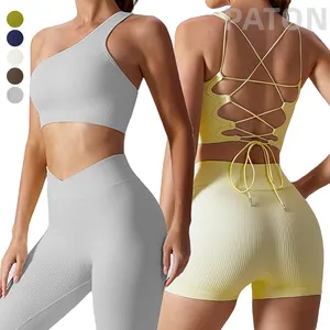 2022 Sand washing new long sleeve ribbed yoga set short rib knit Fitness & Yoga wear sport clothing set for women 6 piece