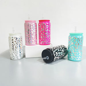 Decalcomania avvolgente in vinile bicchiere in vetro leopardato riciclabile da 16 once con coperchio e cannucce bicchieri per bere shinny con stampa leopardata ghepardo - Product Image 4