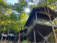 Maison en bois contemporaine avec un design géométrique et des murs en verre, idéale pour un hôtel boutique avec vue sur la mer ou la forêt