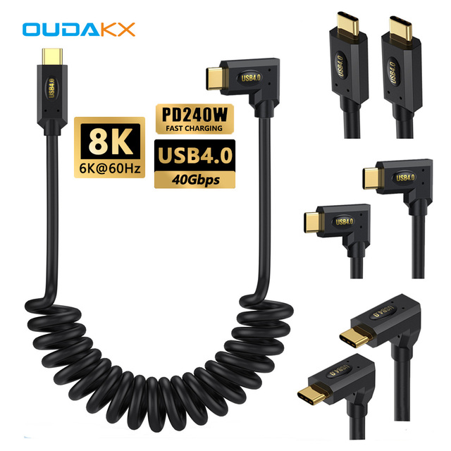 Factory Wholesale 40Gbps 240W Fast Charging Coiled Cable USB C to USB C Right Angle Car Charger Compatible With Mobile Phone
