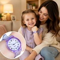 Montre à quartz pour filles, tendance, bracelet en plastique transparent violet, cadran blanc, chiffres arabes noirs, directement de l'usine