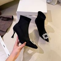 Bottes hautes à talon épais et bout pointu pour femme, en PU zippé, extensibles, en daim noir, pour l'automne et l'hiver, rehaussantes