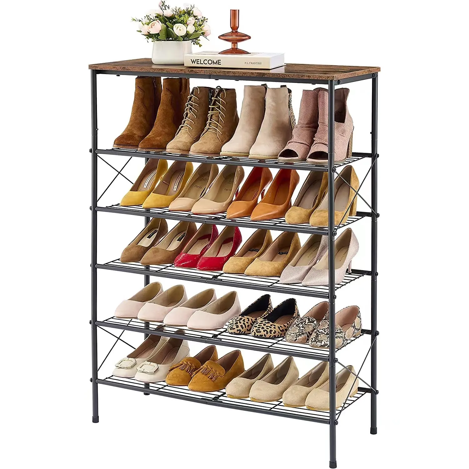 सरल 6-कहानी जूते रैक धातु जाल के साथ एक्स-आकार के निश्चित फ्रेम देहाती भूरे रंग के साथ