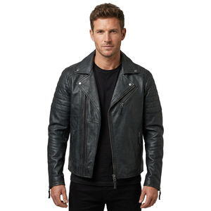 Blouson de motard en cuir véritable noir pour homme, col à revers asymétrique, manches matelassées, en peau de mouton, poches zippées, coupe ajustée - Product Image 1