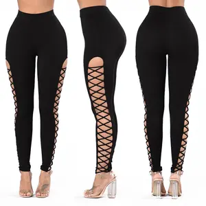 King Mcgreen Star legging seksi balutan samping celana Yoga berlubang silang wanita celana Yoga pinggang tinggi Streetwear klub jegging hitam elastis