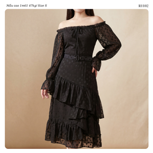 Robe longue élégante noire à pois pour femme, col carré, manches longues, ceinture, volants asymétriques en chiffon, style OEM - Product Image 5