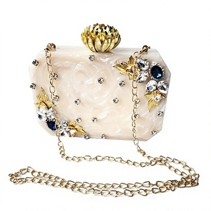 Bolso de mano floral de resina con adornos de cristal, correa de cadena dorada, bolso de noche artístico para fiesta de bodas - Product Image 3