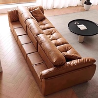 Canapé Cloud en cuir véritable huilé et ciré de qualité supérieure, style rétro mi-moderne minimaliste, avec dossier réglable et capitonné en éponge, pour salon