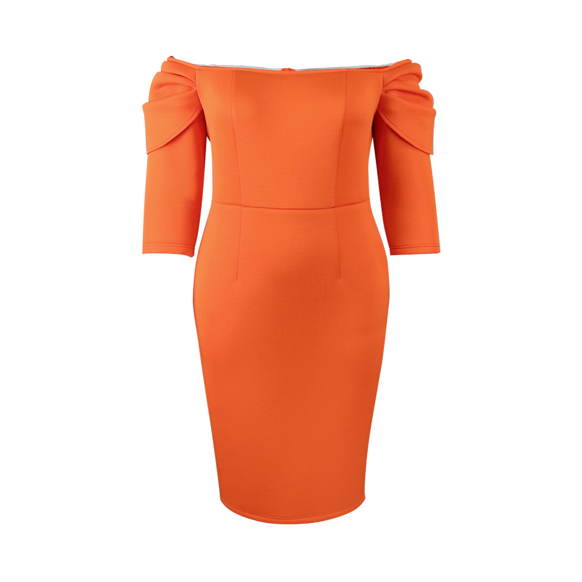 2024 Casual Dresses off Shoulder Three-Quarter Sleeve Flared Mid-Calf Elegant Orange Color High Waist Formal Bodycon Midi Dress 2024 Casual Dresses off Shoulder Three-Quarter Sleeve Flared Mid-Calf Elegant Orange Color High Waist Formal Bodycon Midi Dress