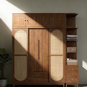 Custom Natural Style Solid Wood <b>Wardrobe</b> With Rattan Arched Cabinet Doors Gold Handles and Functional Storage Layout - Product Image 6