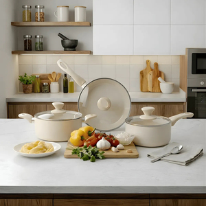 Modern Ceramic Marble Coated Pot Pan Glass Lids Bakelite Handles Non-Stick Aluminum <b>Cookware</b> <b>Set</b> <b>Induction</b> Compatible Dishwasher - Product Image 4