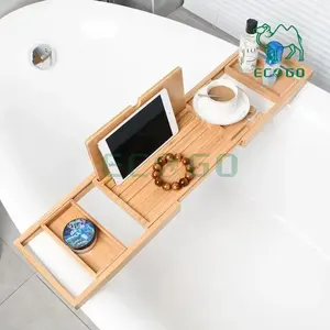 Plateau de baignoire de salle de bain en bambou naturel 100% avec support de livre de bain de luxe et savon pour l'utilisation de la salle de bain - Product Image 2