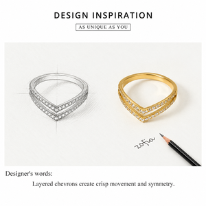 Gold <b>Stainless</b> <b>Steel</b> Cubic Zirconia Double Chevron <b>Ring</b> with 14K Gold Vacuum Plating - Product Image 3