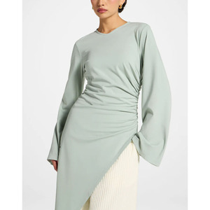 Women's Muslim Casual Premium jersey Midi <strong>Tunic</strong> <strong>Top</strong> Ruched waist modest V-Neck Summer asymmetric Hem wholesale <strong>long</strong> <strong>sleeve</strong> <strong>top</strong> - Product Image 1