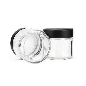 2oz Round Jar Straight Sided Clear Glass Jars Airtight Glass Jar With Black Plastic Smooth Lids