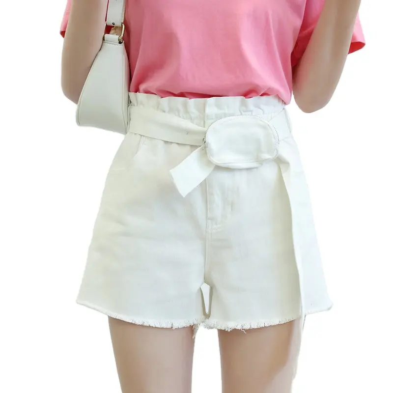 High Quality Custom Women's Shorts Plain Color Ruffle Waist Line With Self Belt Casual Jean For Women