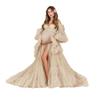 2025 nouveau sans bretelles doux filet grand ventre boule Robe doux Tulle Robe pour séance Photo à manches longues à volants Robe de douche de bébé - Product Image 3