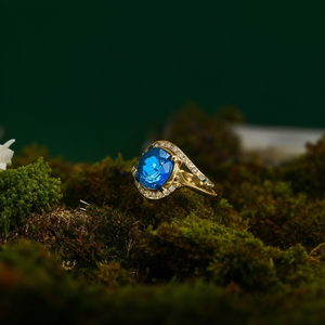 Fashion <b>Ring</b> 316L Stainless Steel PVD Gold Plating Blue Stone With Diamond Accents - Product Image 3