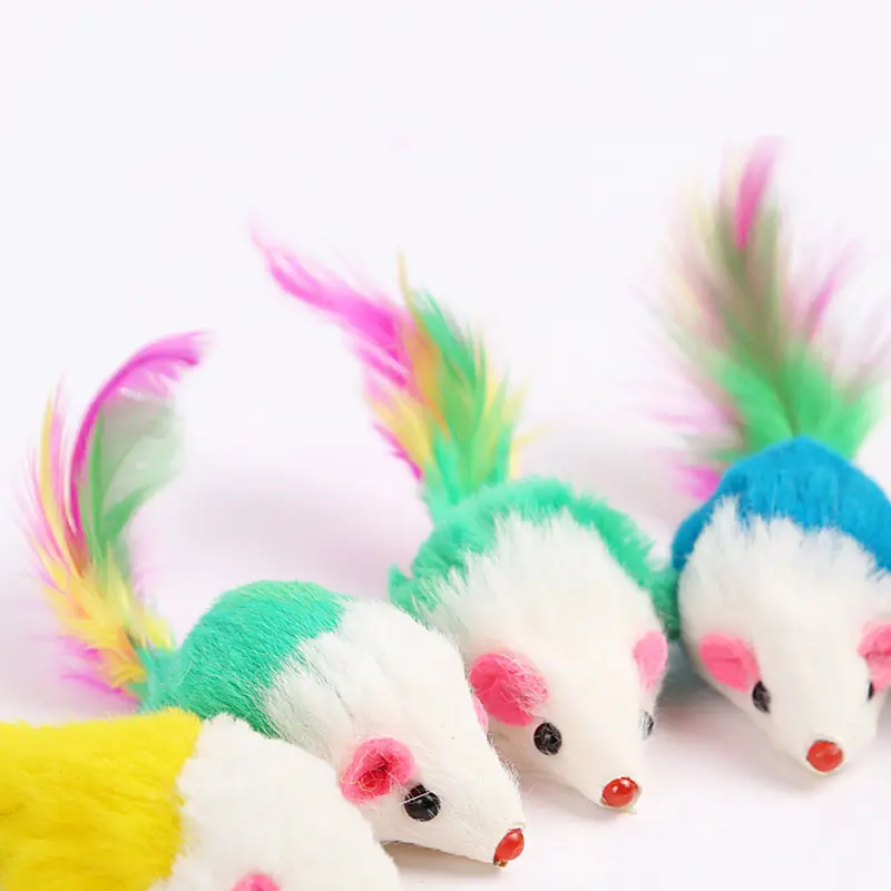 Ratón de peluche interactivo para gatos, juguete divertido de color con plumas, venta directa de fábrica