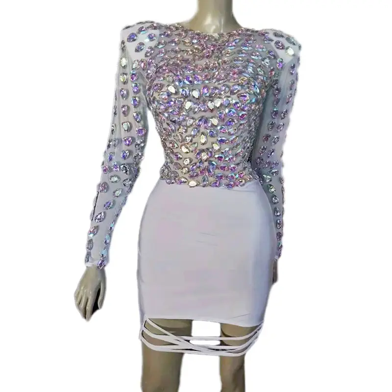 Fashion Long Sleeves White Crystal Rhinestone Hip Wrapped Night Dress Sexy Casual Dress Plus Size Women Club Prom Party Dress