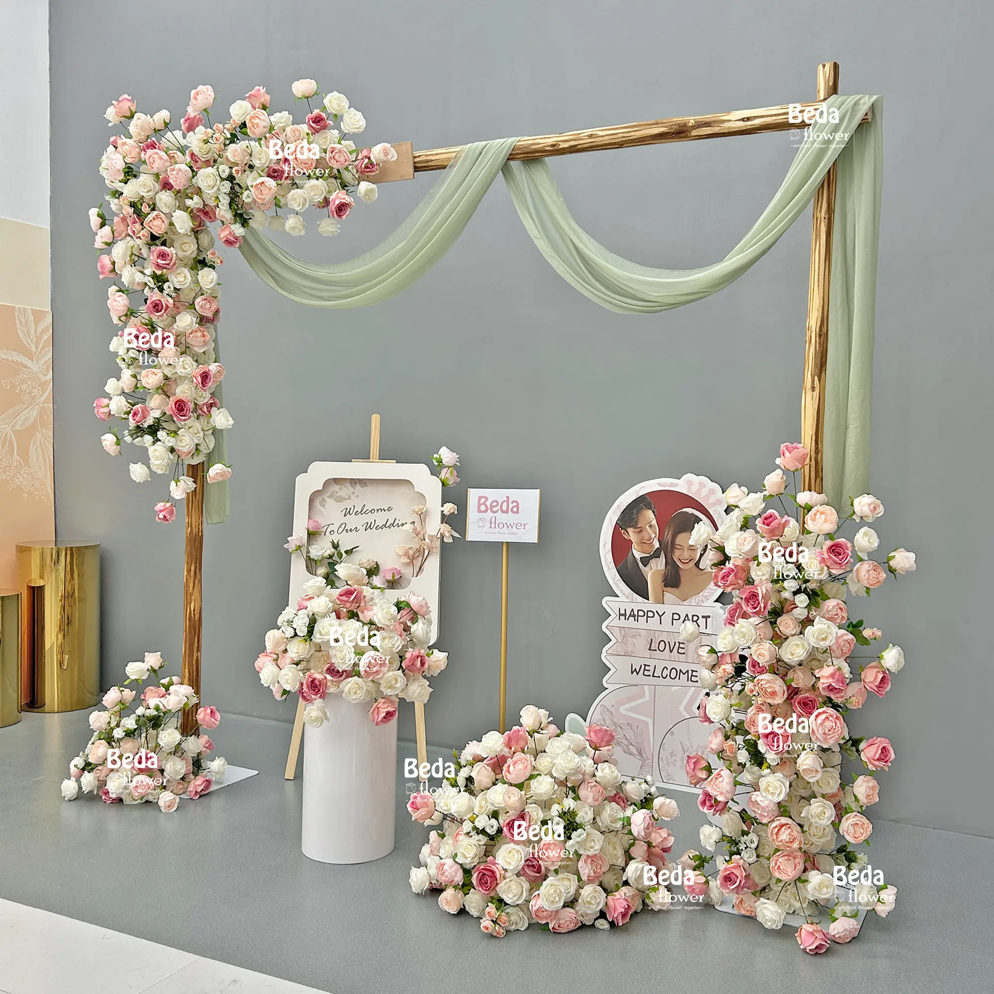 Beda romantico decorativo fiore artificiale struttura trapezidale tavolo centrotavola decorazione palla fiore decorazione matrimonio sfondo parete