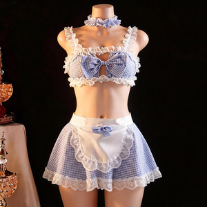 Costume da <span class=keywords><strong>cameriera</strong></span> <span class=keywords><strong>sexy</strong></span> taglie forti da donna, gonna a farfalla a quadri con fiocco, set uniforme da <span class=keywords><strong>cameriera</strong></span> in poliestere, lingerie stile europeo americano - Product Image 2