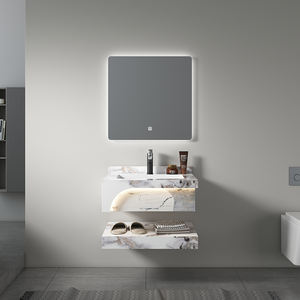 Mueble de baño moderno de doble capa Mable Rock Slate, mueble de lavabo ovalado con iluminación, juego de baño para hotel y escuela - Product Image 4