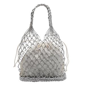 Bolso de Hombro Portátil de <span class=keywords><strong>Playa</strong></span> para Vacaciones, de Moda, Tejido Calado con Cremallera y Líneas Doradas y Plateadas, de PU, Nueva Colección de Verano Matsujin - Product Image 1