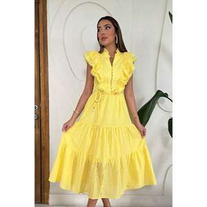 Vestido Amarillo con Volantes y Botones, Talla Única, Estilo Casual de Verano para Fiesta, Cintura Imperio, Forro de Viscosa, Modelo por Encargo - Product Image 3