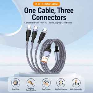 כבל טעינה ונתונים 3 ב-1 מסוג USB A ל-3 Type C, כבל נתונים קלוע, טעינה חכמה QC מקסימום 40W לטאבלט ולטלפון נייד - Product Image 4