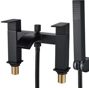 Black <strong>Bath</strong> <strong>Taps</strong> with <strong>Shower</strong>, Waterfall Bathroom Bathtub Mixer <strong>Tap</strong> Dual Lever <strong>Tap</strong> with Handheld <strong>Shower</strong> <strong>Head</strong> - Product Image 1