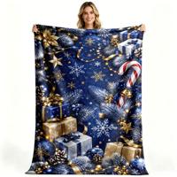 Couverture en flanelle polaire douce et chaude, motif bleu or, idéale pour les fêtes de Noël, personnalisable, vente en gros, OEM, ODM