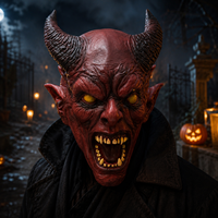 Masque d'horreur en latex de démon cornu rouge, masque intégral effrayant de diable avec yeux jaunes et dents pointues, costume de fête d'Halloween pour cosplay